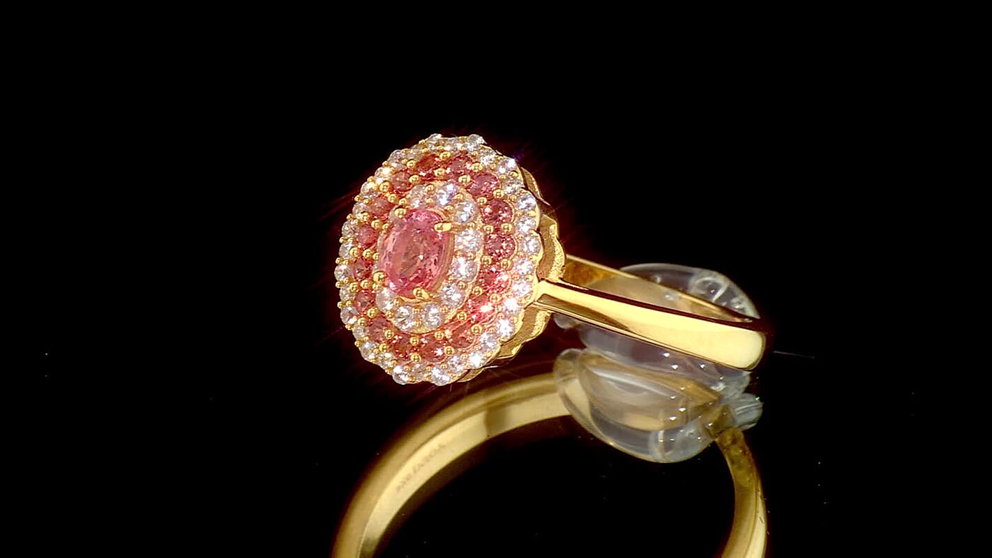 D''Joy AAA Padparadscha Sapphire, White Zircon Ring in 18K Vermeil YG Over Sterling Silver (Size 10.0) 1.10 ctw