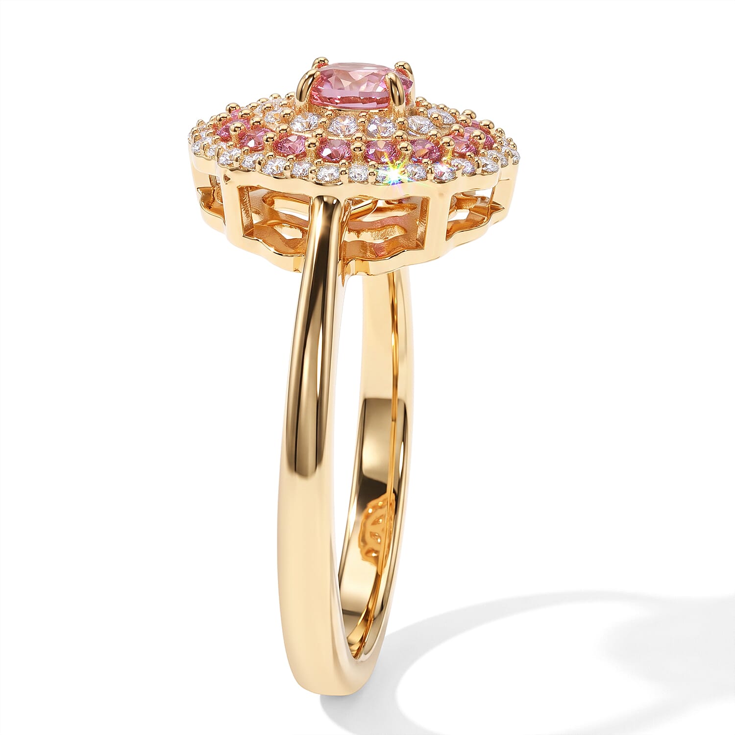 D'Joy AAA Padparadscha Sapphire (BT) and White Zircon 1.10 ctw Lotus Medallion Ring in 18K Vermeil Yellow Gold Over Sterling Silver (Size 7.0)