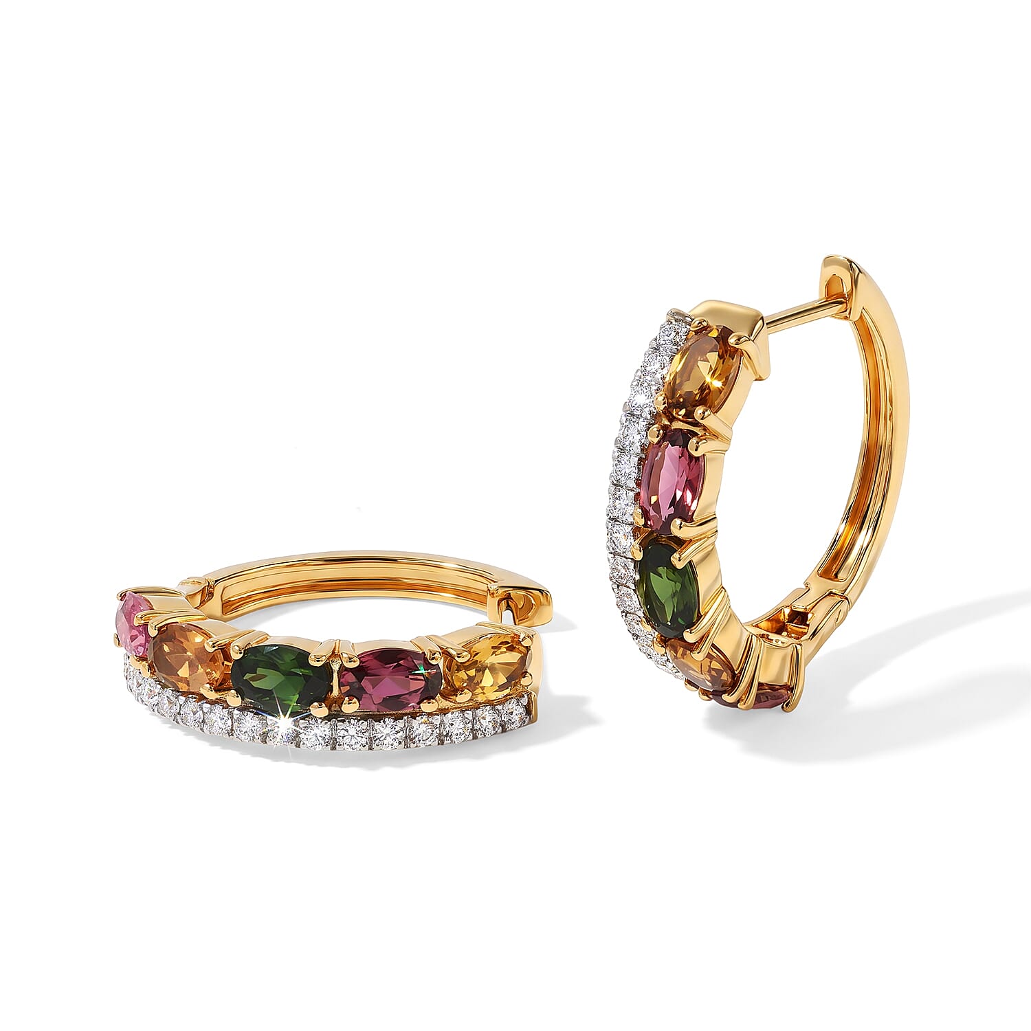 D'Joy Premium Multi-Tourmaline and Moissanite 2.35 ctw Hoop Earrings in 18K Vermeil Yellow Gold Over Sterling Silver