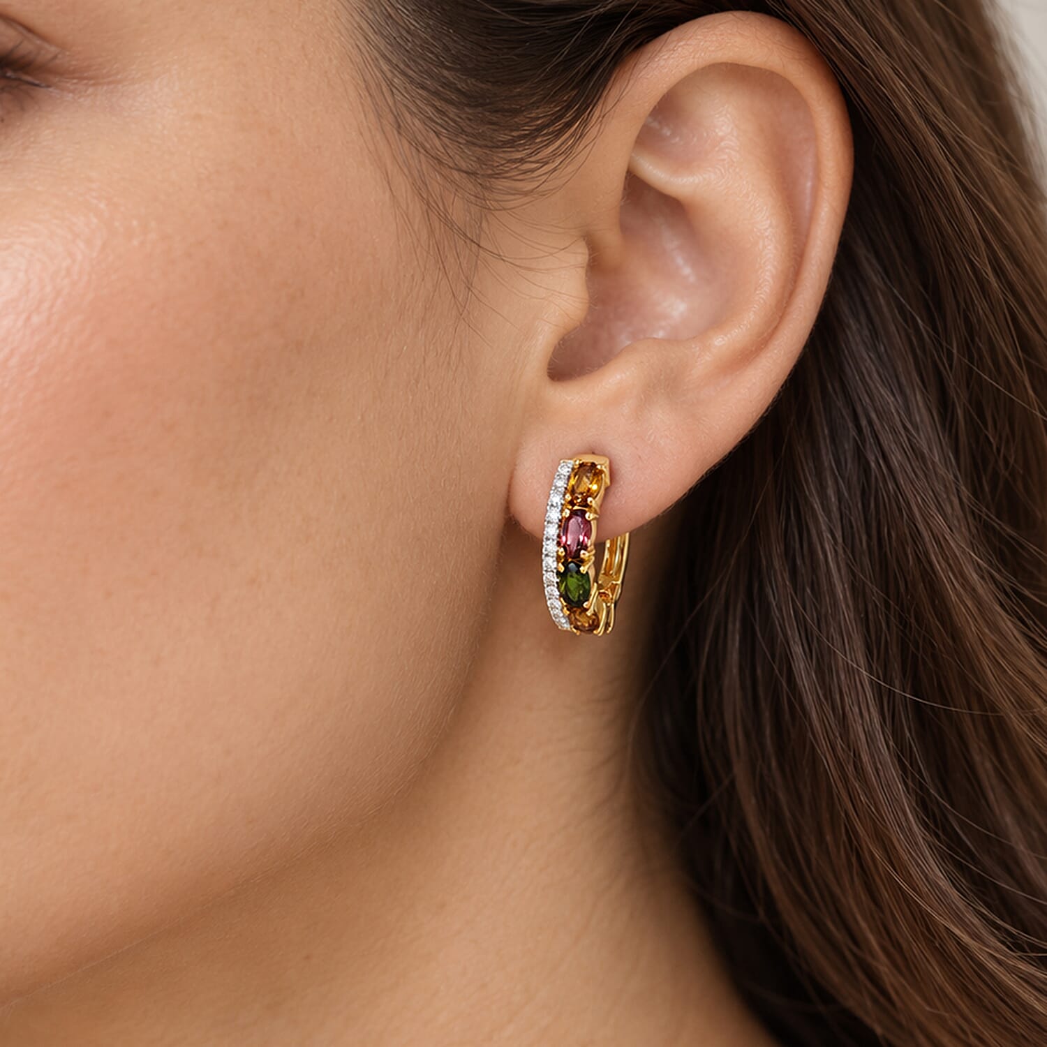 D'Joy Premium Multi-Tourmaline and Moissanite 2.35 ctw Hoop Earrings in 18K Vermeil Yellow Gold Over Sterling Silver