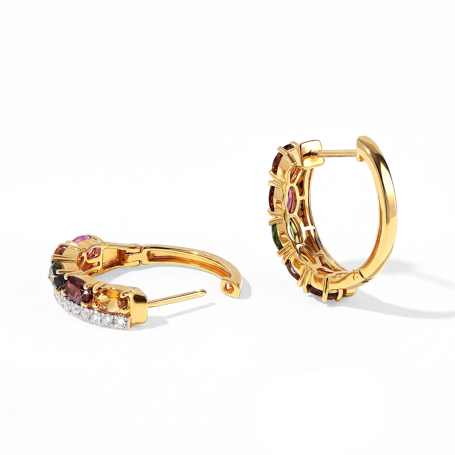 D'Joy Premium Multi-Tourmaline and Moissanite 2.35 ctw Hoop Earrings in 18K Vermeil Yellow Gold Over Sterling Silver