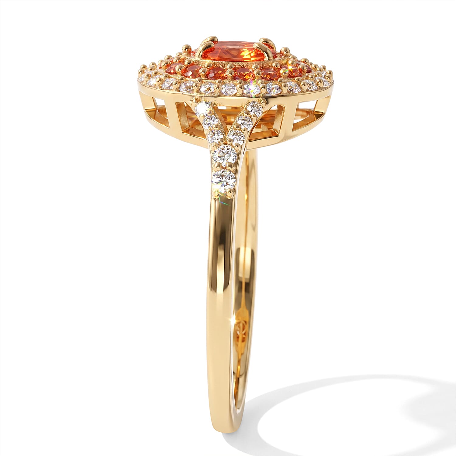 D'Joy AAA Padparadscha Sapphire (BT) and White Zircon 1.00 ctw Empress Duet Ring in 18K Vermeil Yellow Gold Over Sterling Silver (Size 6.0)