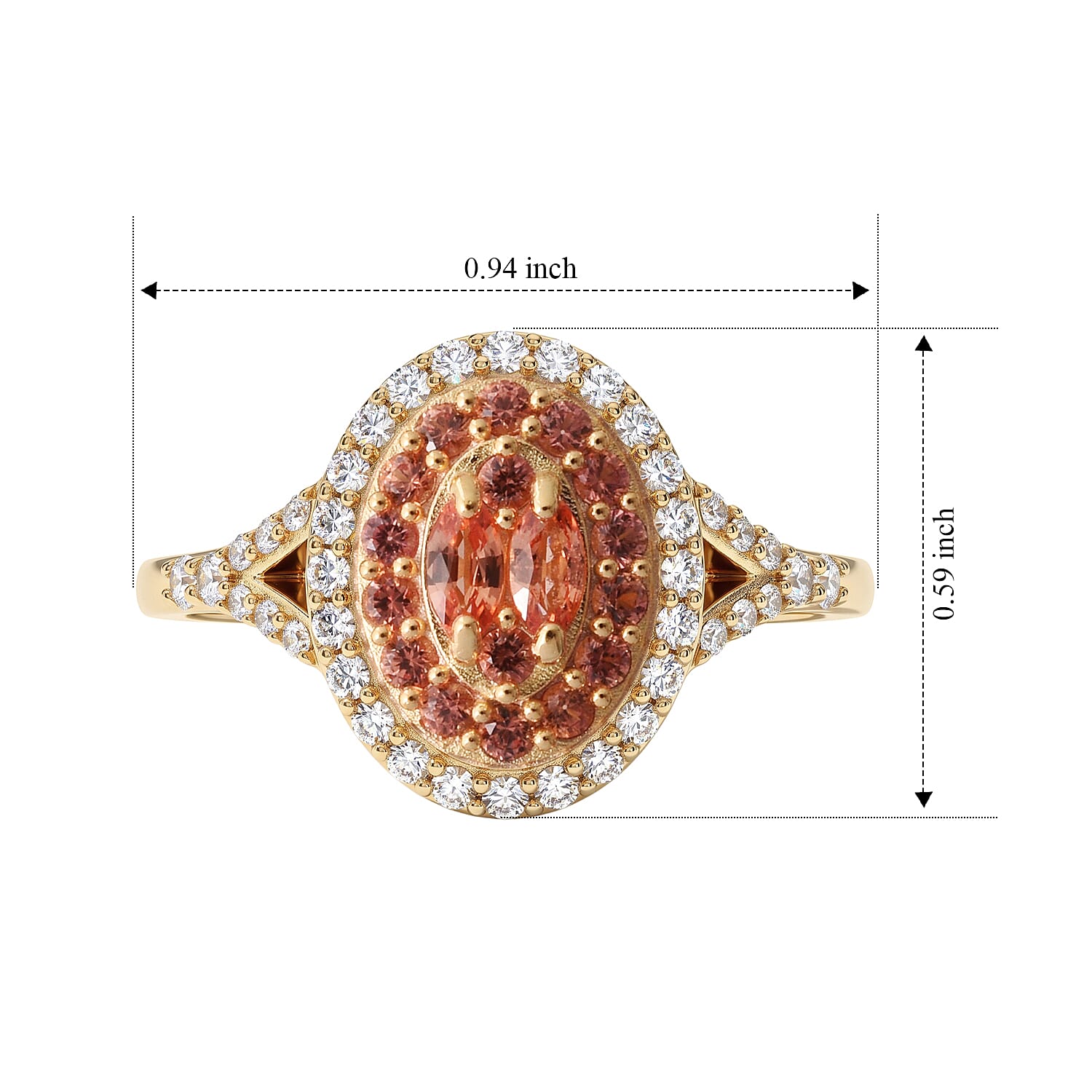 D'Joy AAA Padparadscha Sapphire (BT) and White Zircon 1.00 ctw Empress Duet Ring in 18K Vermeil Yellow Gold Over Sterling Silver (Size 6.0)