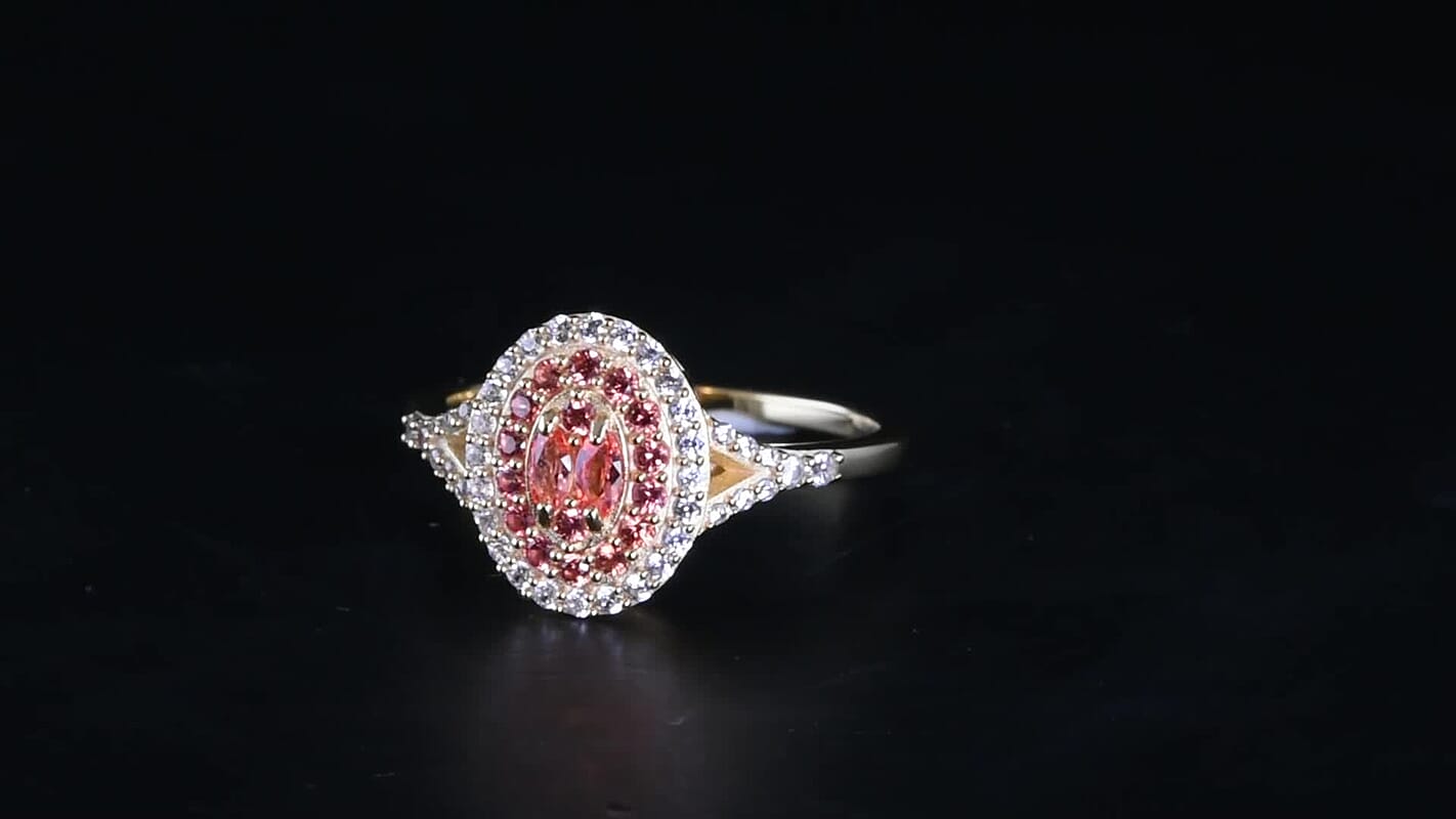 D'Joy AAA Padparadscha Sapphire, White Zircon Ring in 18K Vermeil YG Over Sterling Silver (Size 10.0) 1.00 ctw
