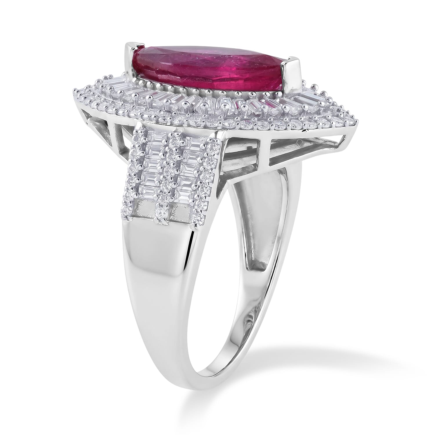 D'Joy Niassa Ruby (FF) and Moissanite 6.00 ctw The Crimson Flame Ring in Rhodium Over Sterling Silver (Size 7.0)