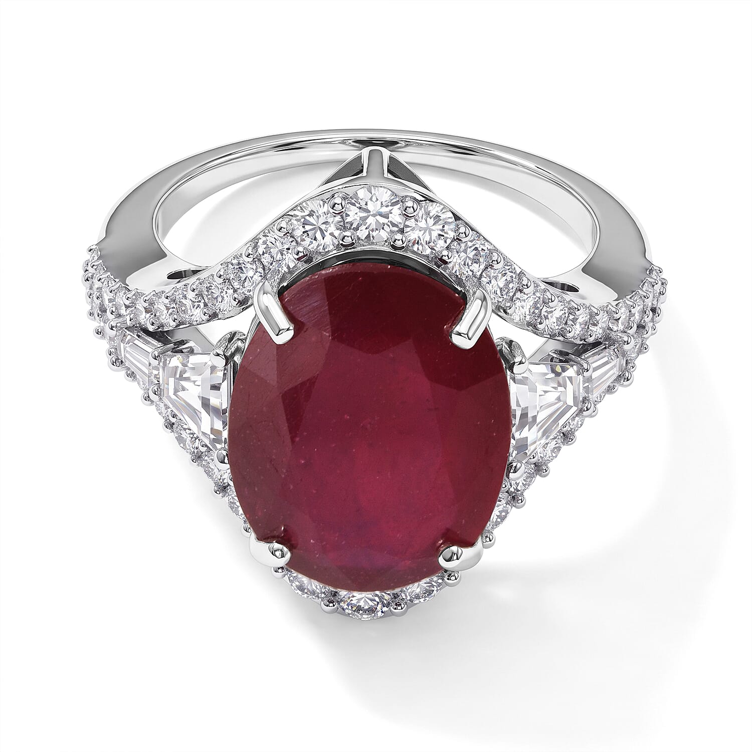 D'Joy Niassa Ruby (FF) and Moissanite 15.50 ctw The Crimson Statement Ring in Rhodium Over Sterling Silver (Size 7.0)