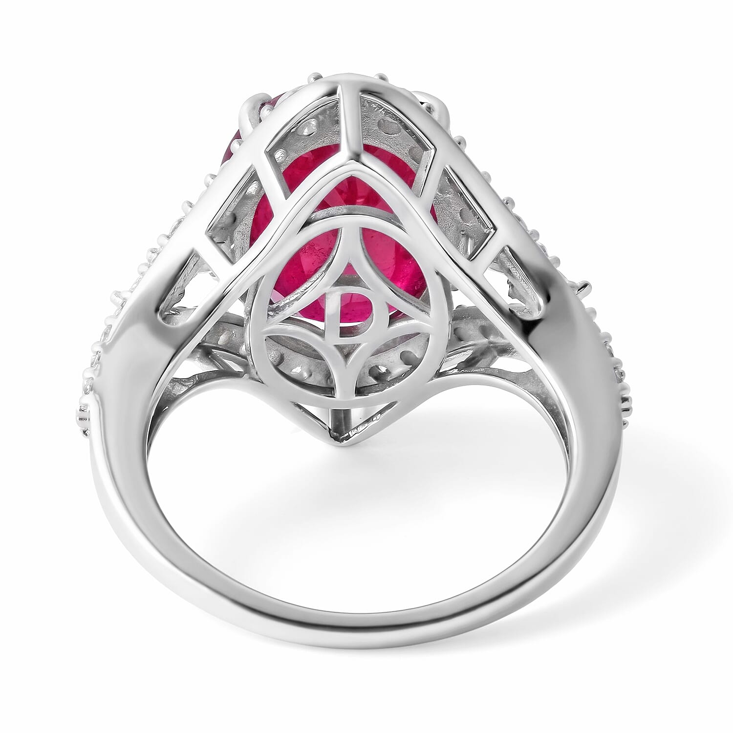 D'Joy Niassa Ruby (FF) and Moissanite 15.50 ctw The Crimson Statement Ring in Rhodium Over Sterling Silver (Size 7.0)