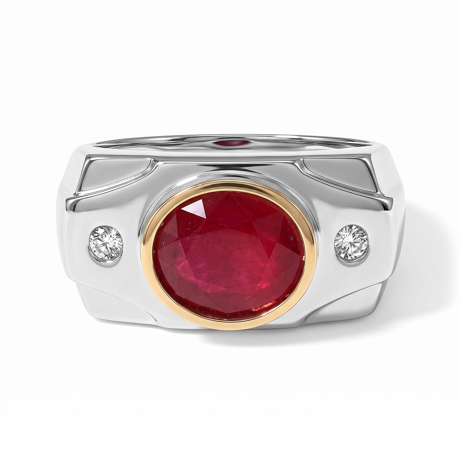 Niassa Ruby, Luxuriant Lab Grown Diamond (G-H, SI) Ring in 18K Vermeil YG and Rhodium Over Sterling Silver (Size 10.0) 5.35 ctw