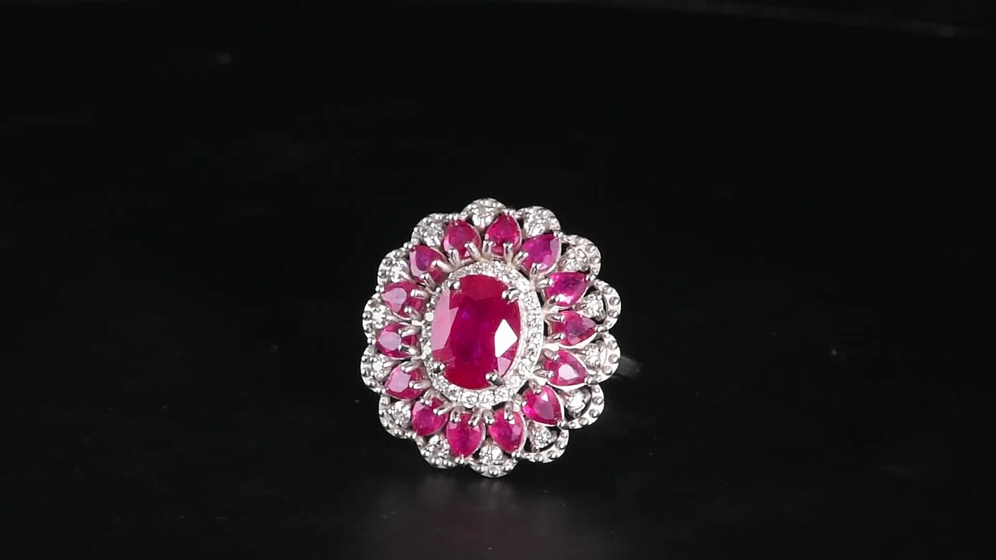 D''Joy Niassa Ruby (FF), Moissanite Ring in Rhodium Over Sterling Silver (Size 10.0) 6.70 ctw