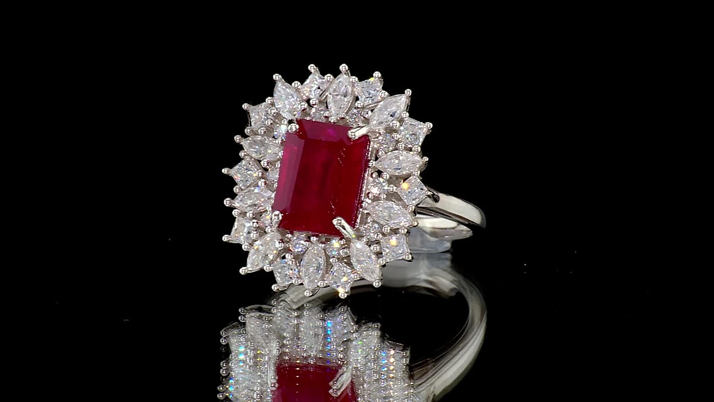 D''Joy Niassa Ruby (FF), Moissanite Ring in Rhodium Over Sterling Silver (Size 10.0) 5.70 ctw
