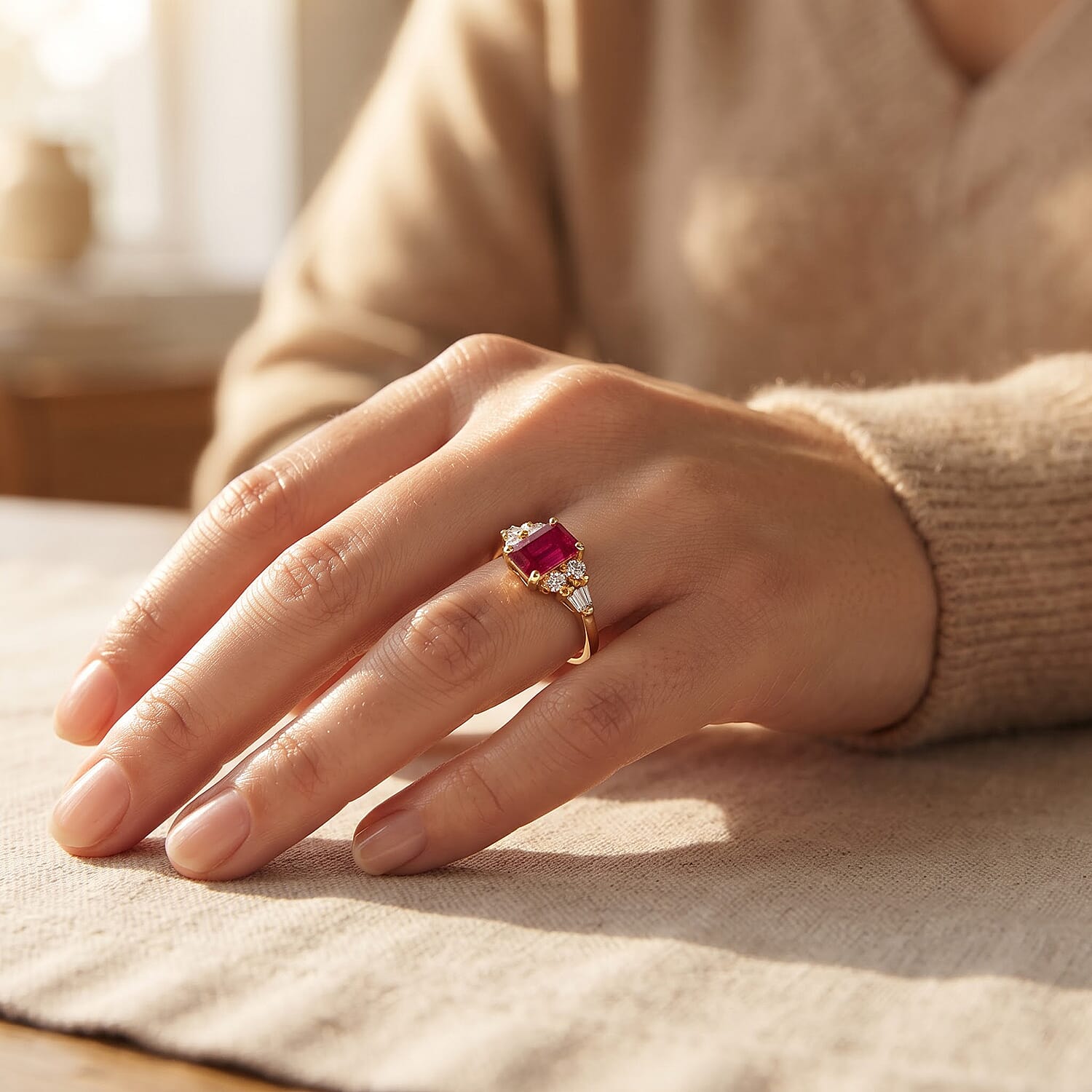D'Joy Niassa Ruby (FF) and Moissanite 1.70 ctw The Crimson Elegance Ring in 18K YG Plated Sterling Silver (Size 7.0)