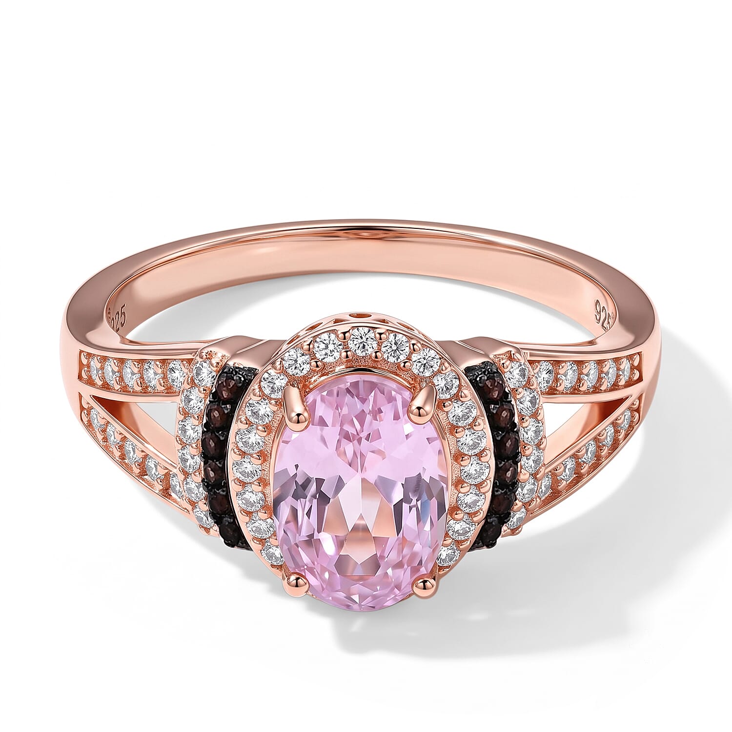 D'Joy Premium Martha Rocha Kunzite, White and Coffee Zircon 2.25 ctw Halo Ring in Vermeil Rose Gold Over Sterling Silver (Size 6.0)