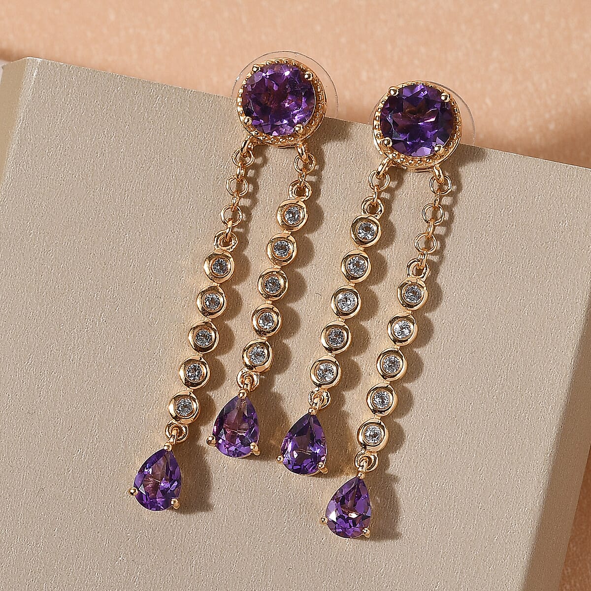 Bolivian Amethyst and White Topaz Mixed Shape Tear Drop Dangle Statement Earrings in Vermeil Yellow Gold Over Sterling Silver 6.90 ctw image number 1