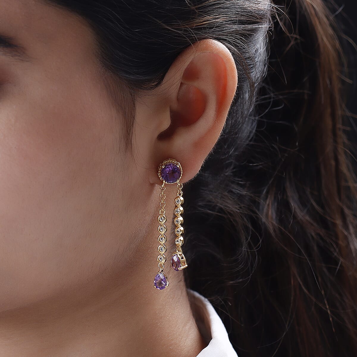 Bolivian Amethyst and White Topaz Mixed Shape Tear Drop Dangle Statement Earrings in Vermeil Yellow Gold Over Sterling Silver 6.90 ctw image number 2