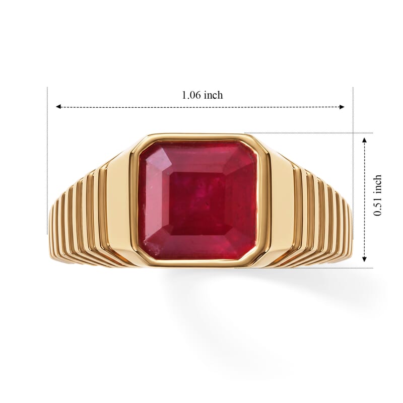 D'Joy Asscher Cut Niassa Ruby 5.80 ctw Men's Ring in 18K Vermeil Yellow Gold Over Sterling Silver (Size 14.0)