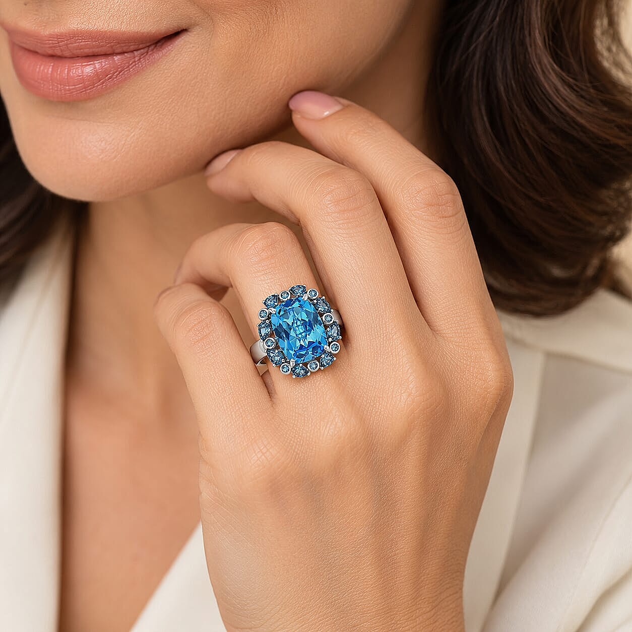 D'Joy Premium Swiss Blue Topaz and London Blue Topaz 15.70 ctw Blue Empress Ring in Rhodium Over Sterling Silver (Size 6.0)