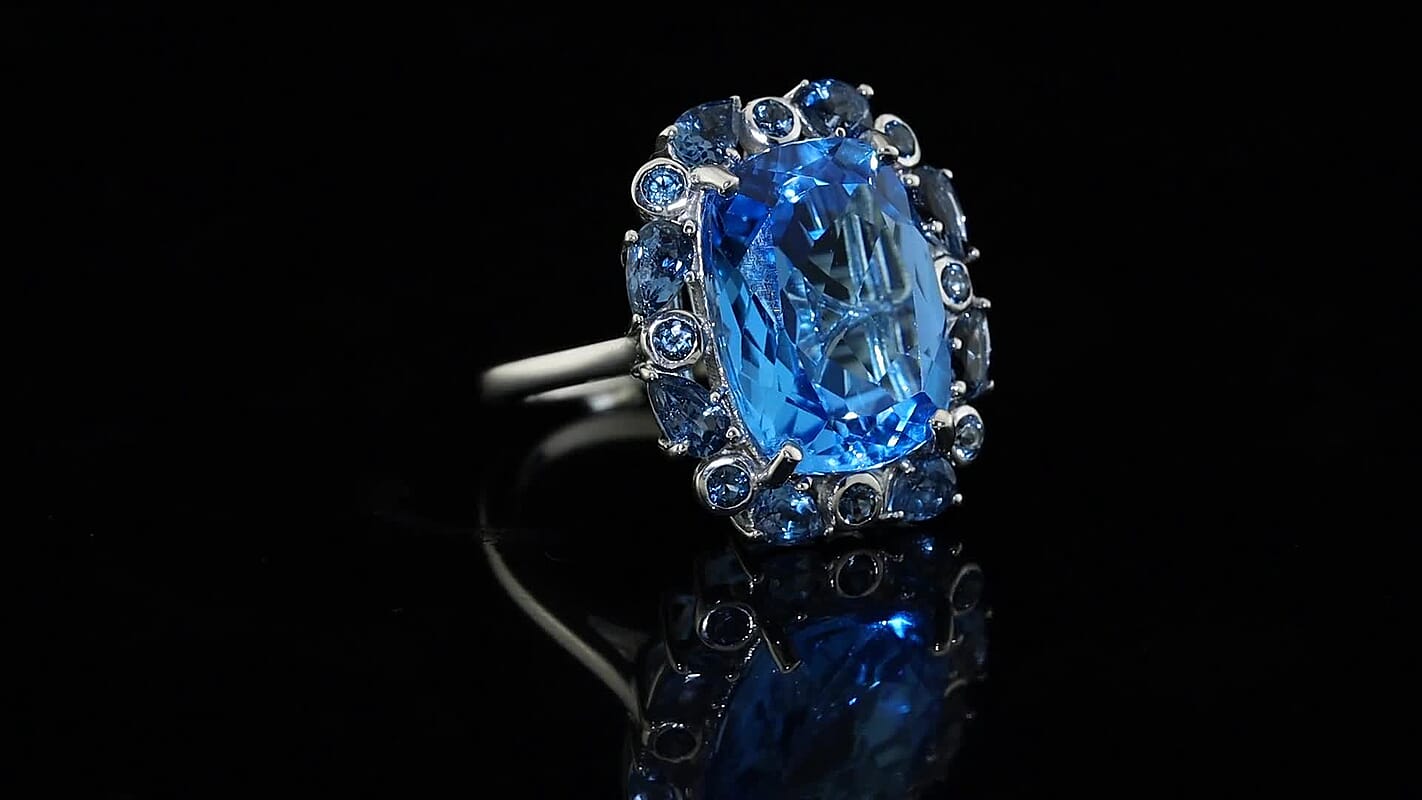 D''Joy Premium Swiss Blue Topaz and London Blue Topaz 16.70 ctw Ring in Rhodium Over Sterling Silver (Size 7.0)
