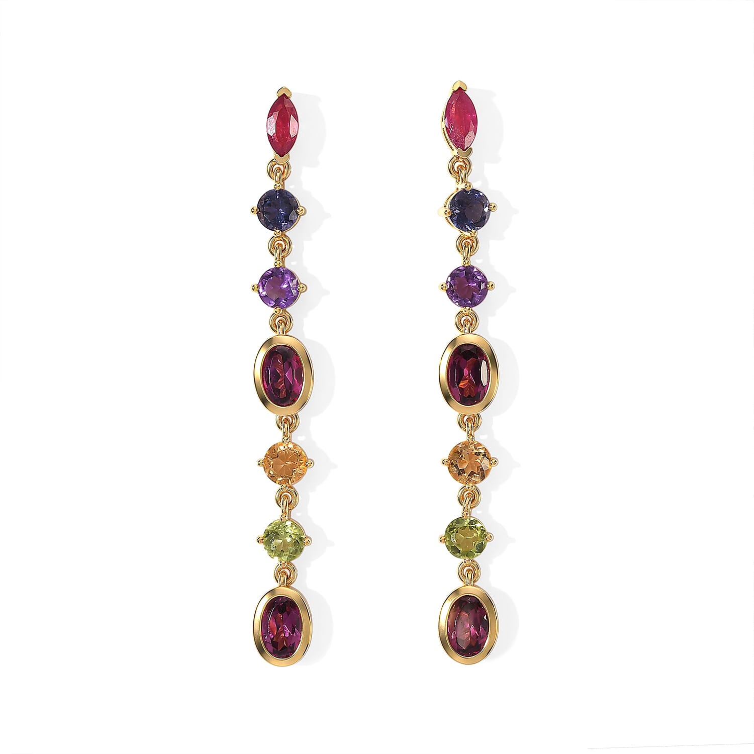 D'Joy Premium Orissa Rhodolite Garnet and Multi Gemstone 4.90 ctw Dangling Earrings in 18K Vermeil Yellow Gold Over Sterling Silver