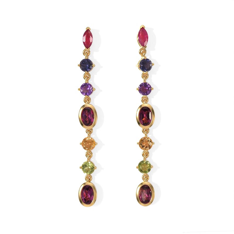D'Joy Premium Orissa Rhodolite Garnet and Multi Gemstone 4.90 ctw Dangling Earrings in 18K Vermeil Yellow Gold Over Sterling Silver