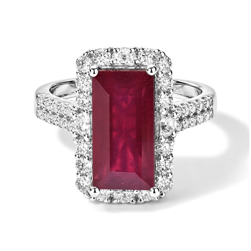 Certified & Appraised D'Joy Premium Niassa Ruby (FF) and Moissanite 7.65 ctw Ring in Rhodium Over Sterling Silver (Size 6.0)