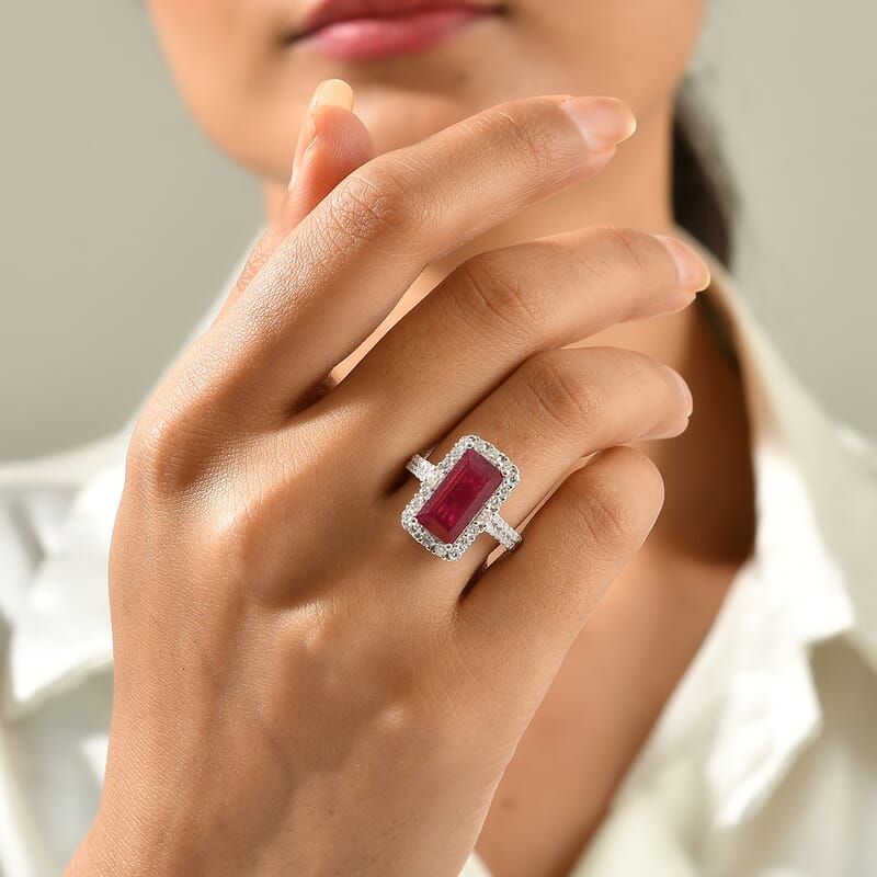 Certified & Appraised D'Joy Premium Niassa Ruby (FF) and Moissanite 7.65 ctw Ring in Rhodium Over Sterling Silver (Size 6.0)