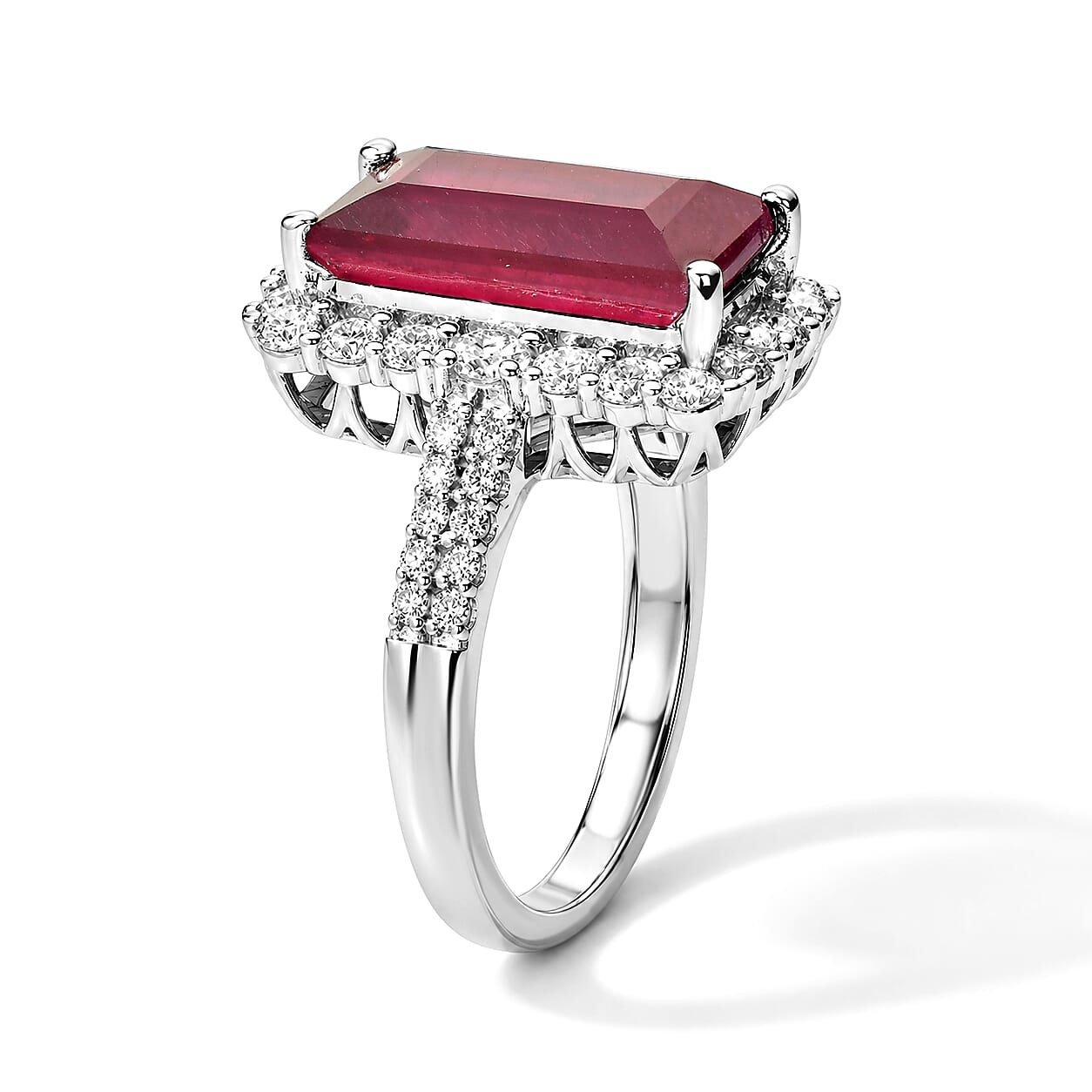 Certified & Appraised D'Joy Premium Niassa Ruby (FF) and Moissanite 7.65 ctw Ring in Rhodium Over Sterling Silver (Size 6.0)