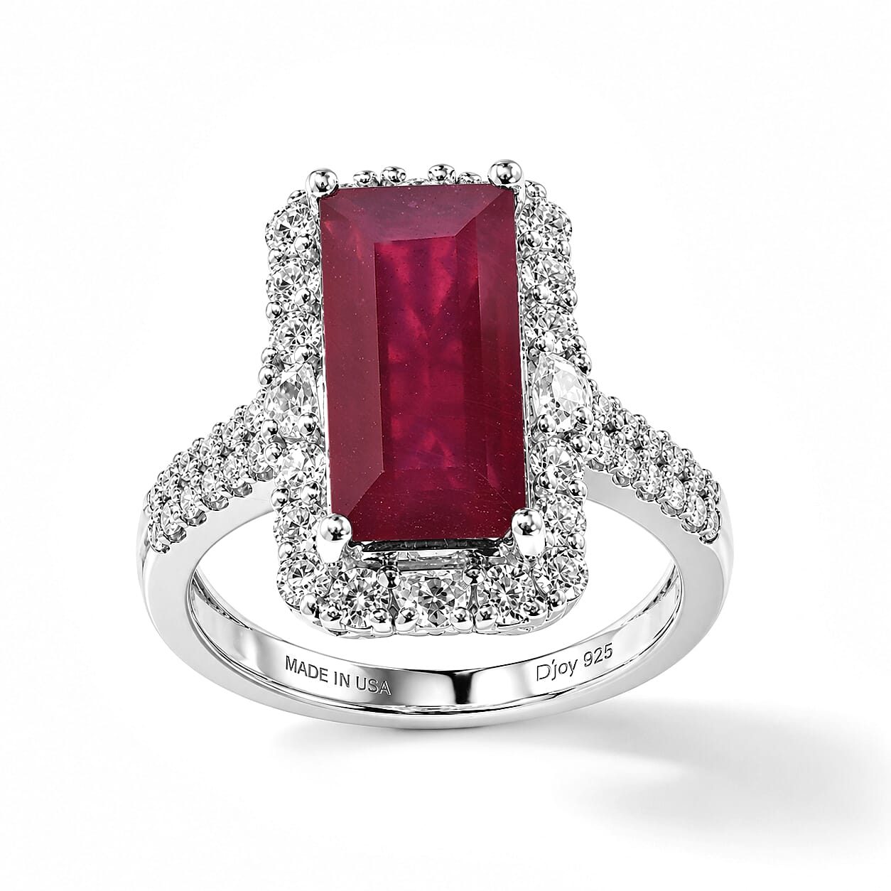 Certified & Appraised D'Joy Premium Niassa Ruby (FF) and Moissanite 7.65 ctw Ring in Rhodium Over Sterling Silver (Size 8.0)