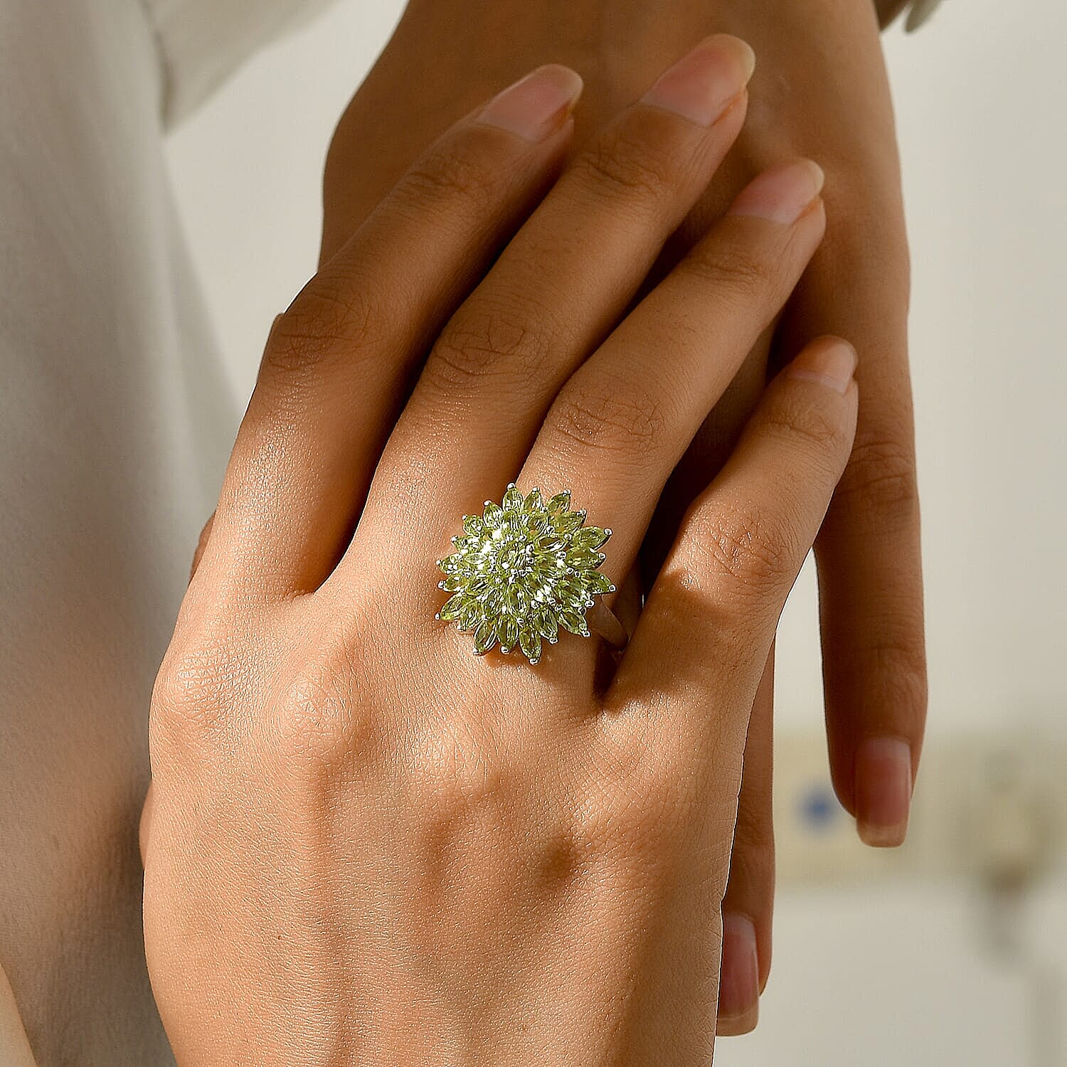 D'Joy Premium Hebei Peridot Ring in Rhodium Over Sterling Silver (Size 6.0) 5.20 ctw
