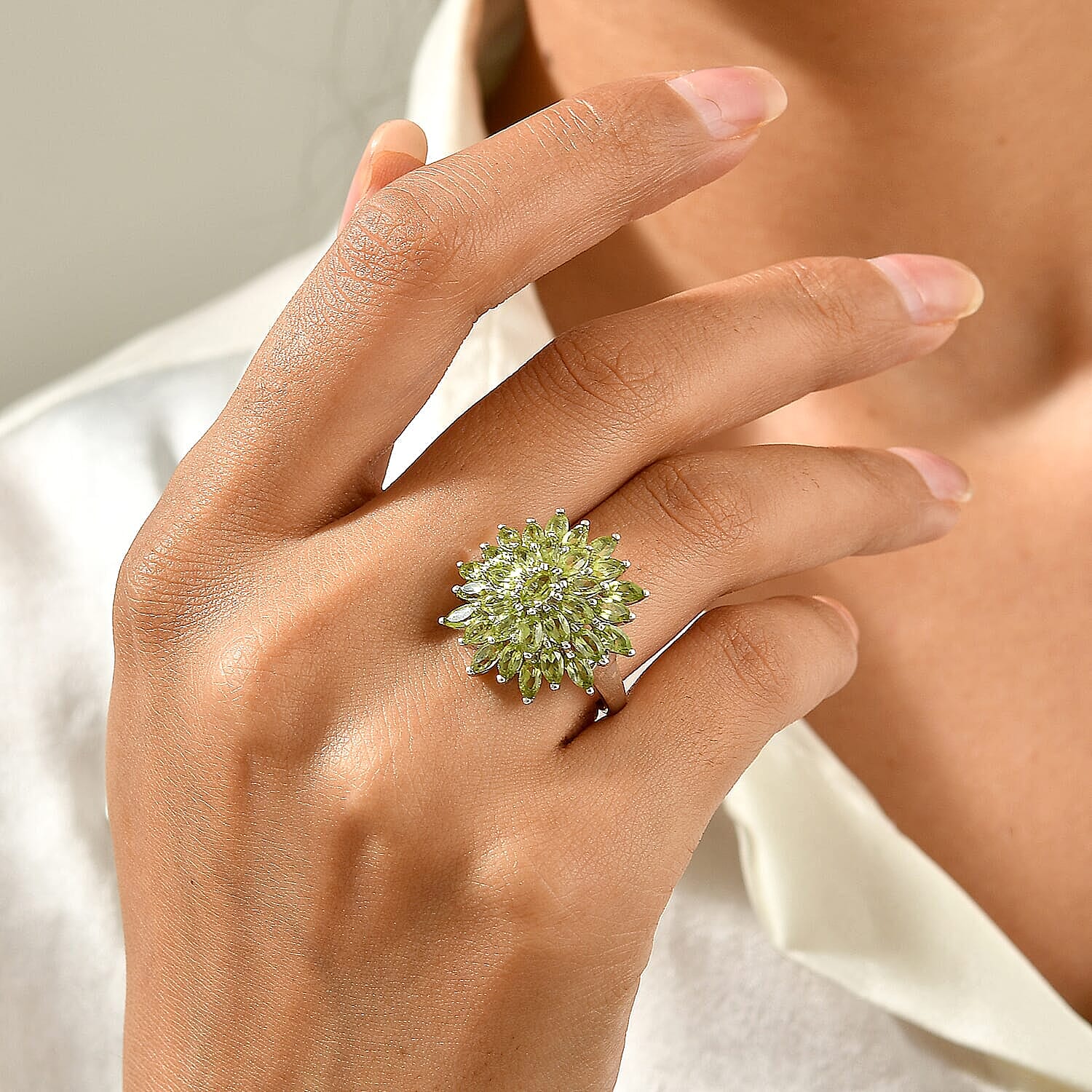 D'Joy Premium Hebei Peridot Ring in Rhodium Over Sterling Silver (Size 6.0) 5.20 ctw