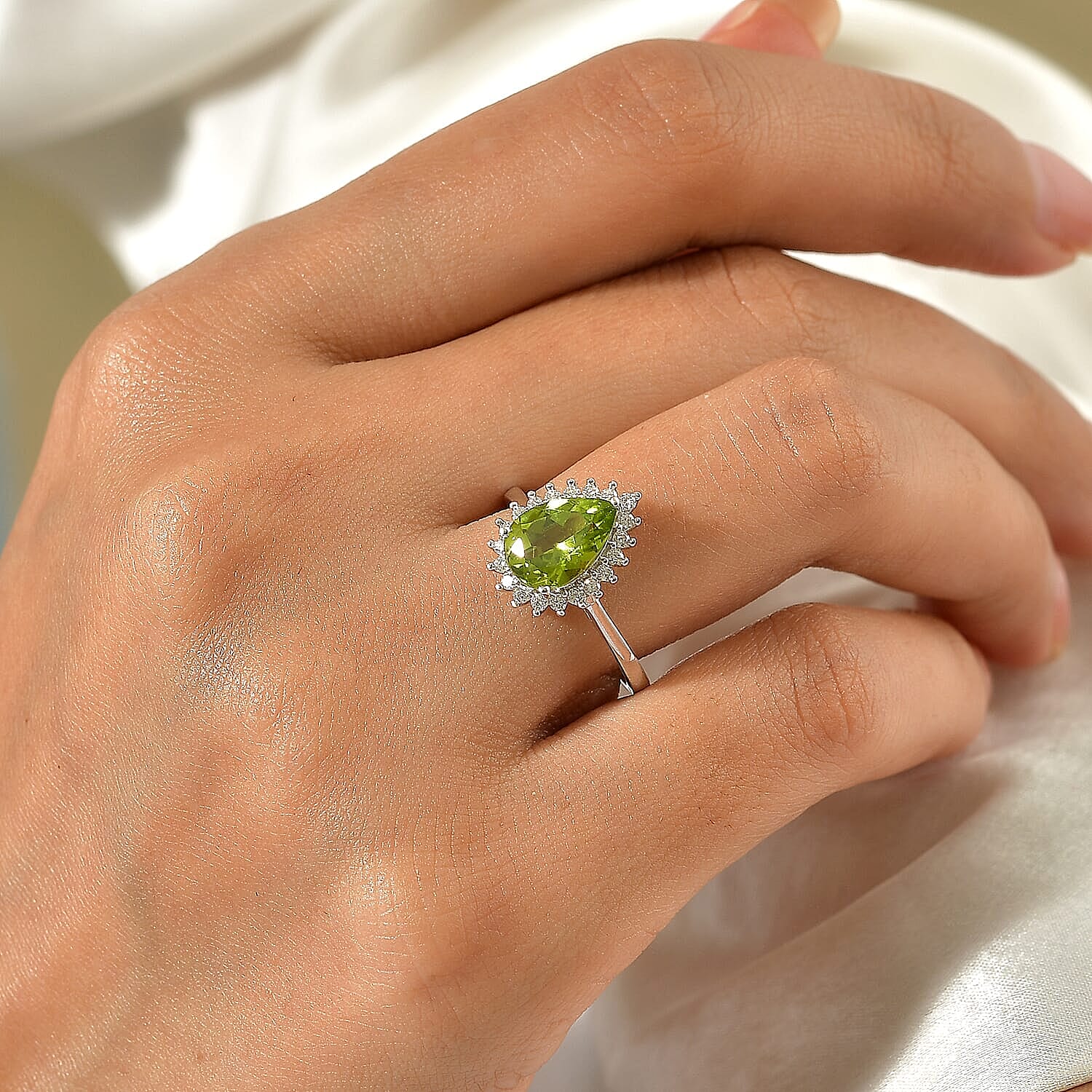 D'Joy Premium Hebei Peridot, Moissanite Ring in Rhodium Over Sterling Silver (Size 5.0) 2.20 ctw