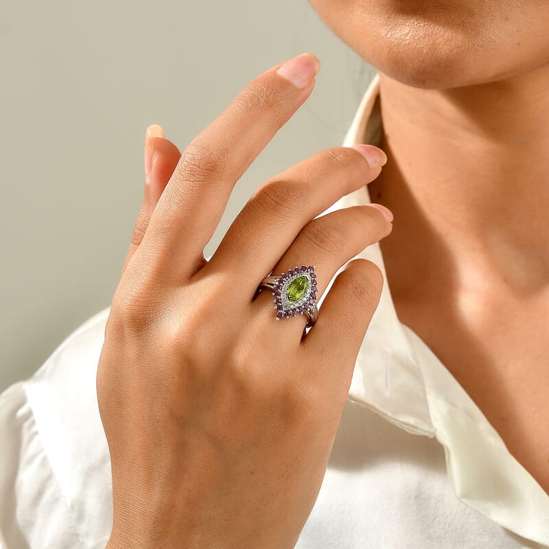 D'Joy Premium Hebei Peridot, Multi Gemstone Cluster Ring in Rhodium Over Sterling Silver (Size 6.0) 2.50 ctw