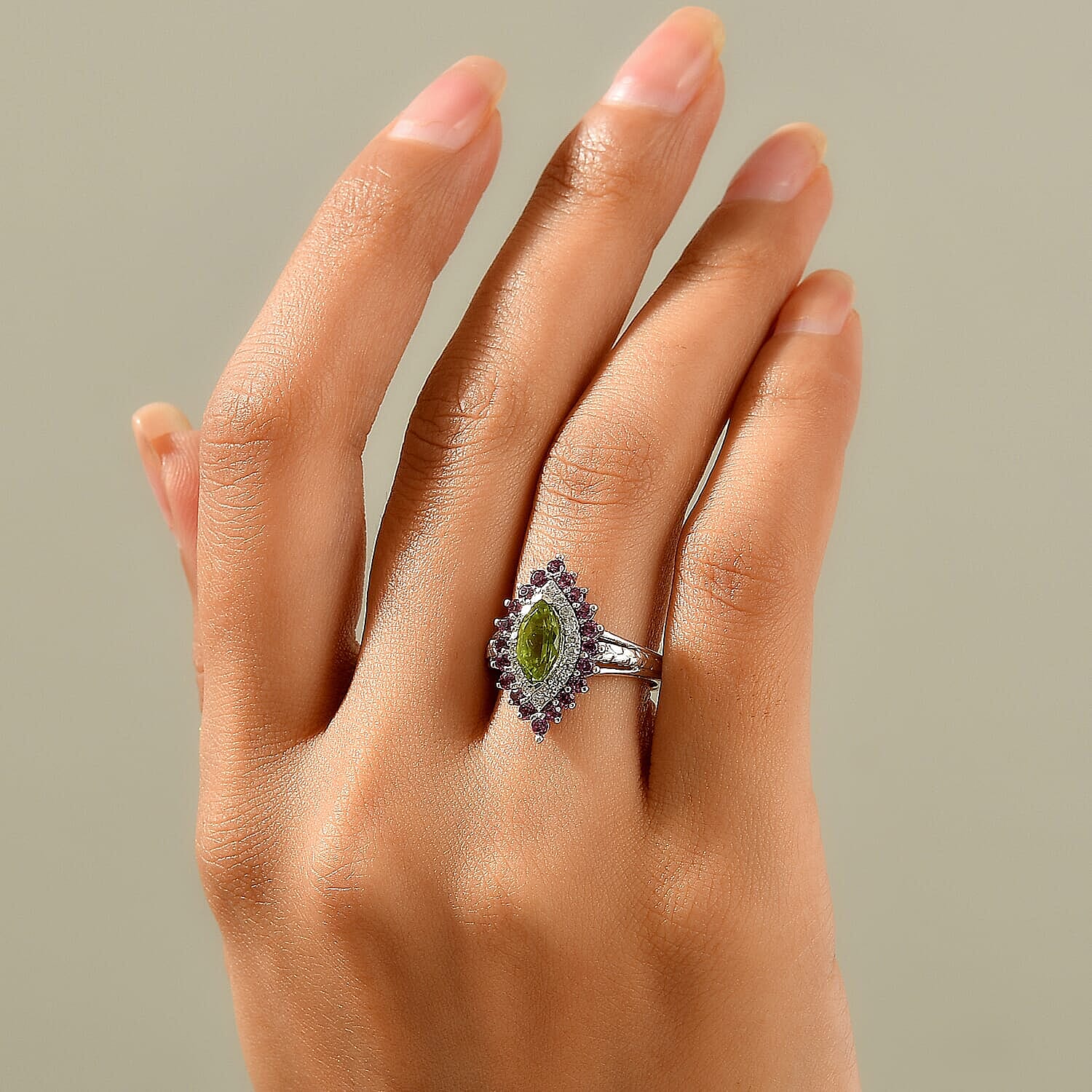 D'Joy Premium Hebei Peridot, Multi Gemstone Cluster Ring in Rhodium Over Sterling Silver (Size 6.0) 2.50 ctw