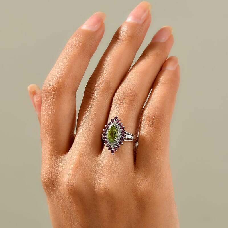 D'Joy Premium Hebei Peridot, Multi Gemstone Cluster Ring in Rhodium Over Sterling Silver (Size 6.0) 2.50 ctw