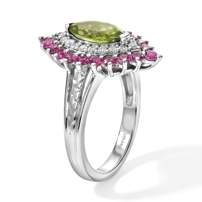 D'Joy Premium Hebei Peridot, Multi Gemstone Cluster Ring in Rhodium Over Sterling Silver (Size 6.0) 2.50 ctw