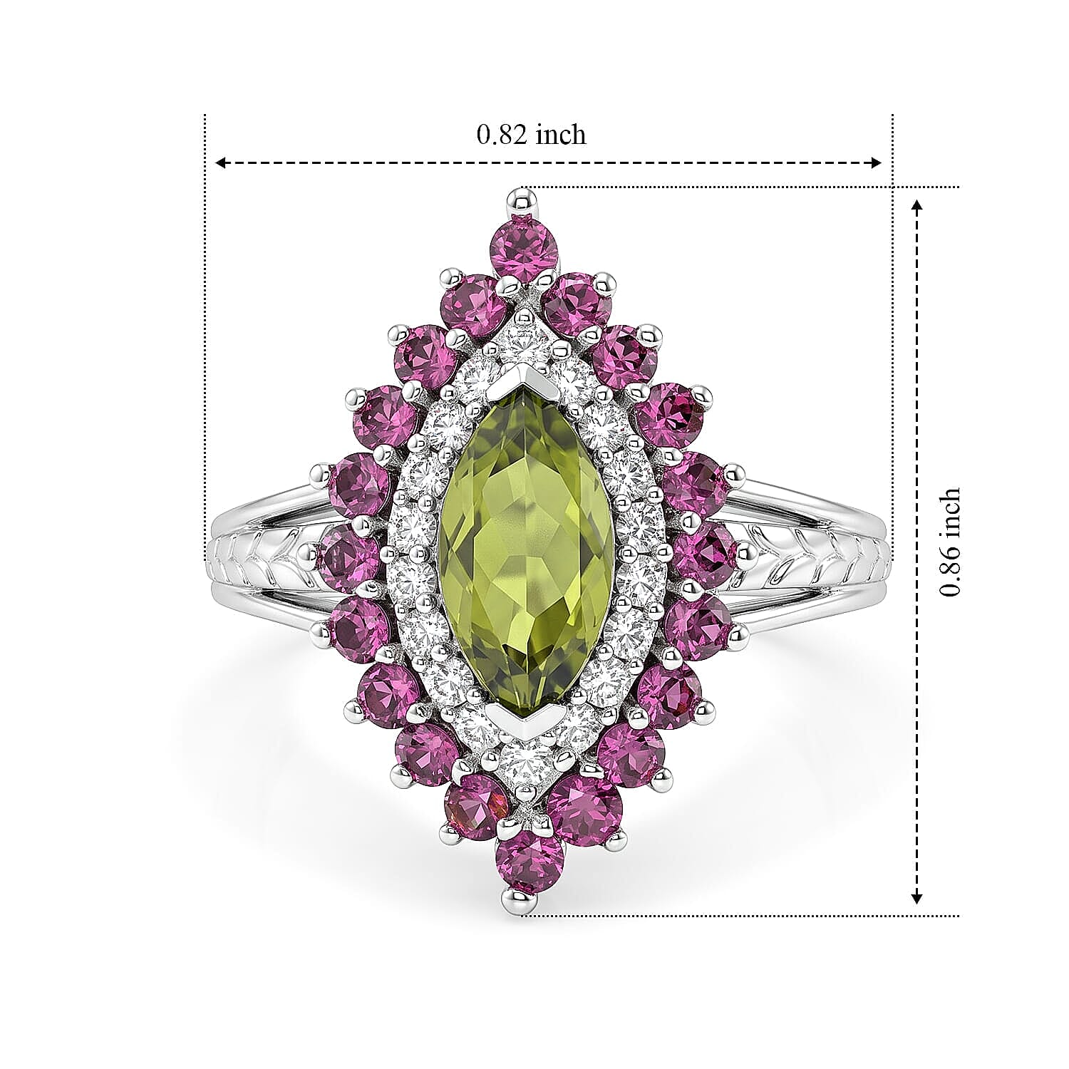 D'Joy Premium Hebei Peridot, Multi Gemstone Cluster Ring in Rhodium Over Sterling Silver (Size 6.0) 2.50 ctw