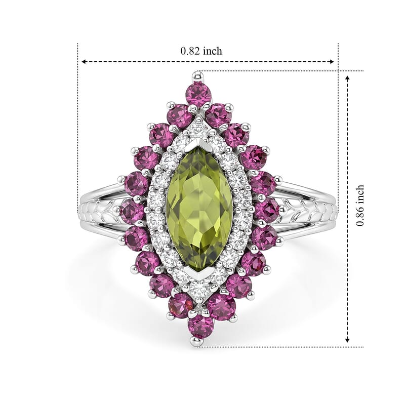 D'Joy Premium Hebei Peridot, Multi Gemstone Cluster Ring in Rhodium Over Sterling Silver (Size 6.0) 2.50 ctw