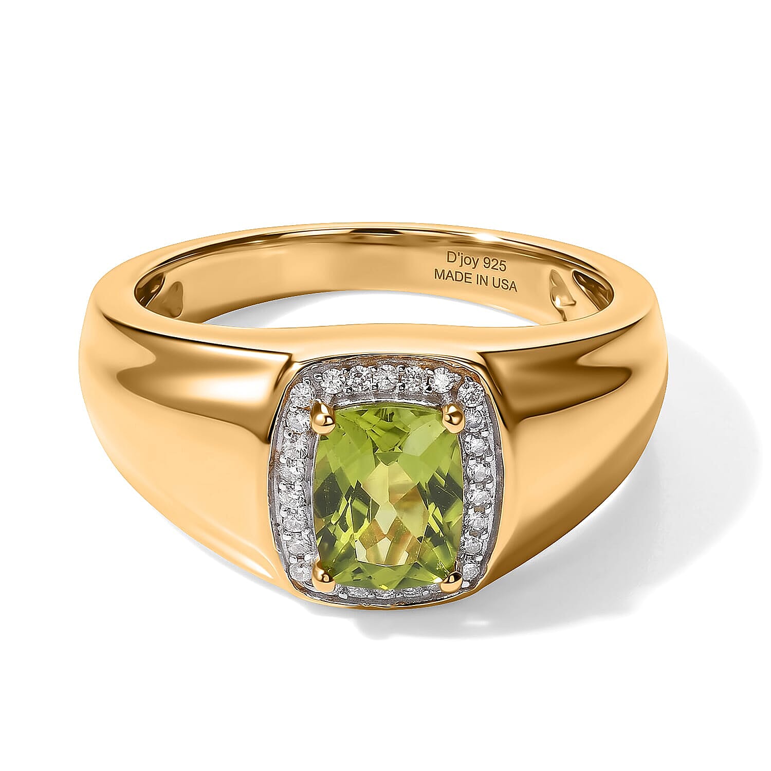 D''Joy Premium Hebei Peridot, Moissanite Men''s Ring in 18K Vermeil YG Over Sterling Silver (Size 10.0) 1.65 ctw