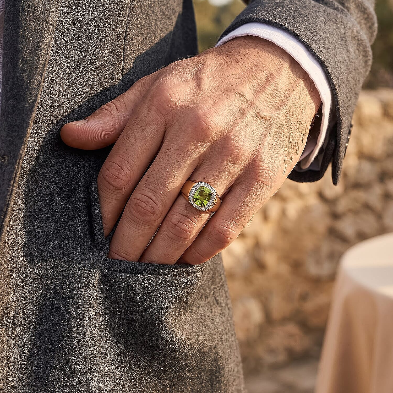 D'Joy Premium Hebei Peridot and Moissanite 1.65 ctw Men's Ring in 18K Vermeil Yellow Gold Over Sterling Silver (Size 10.0)