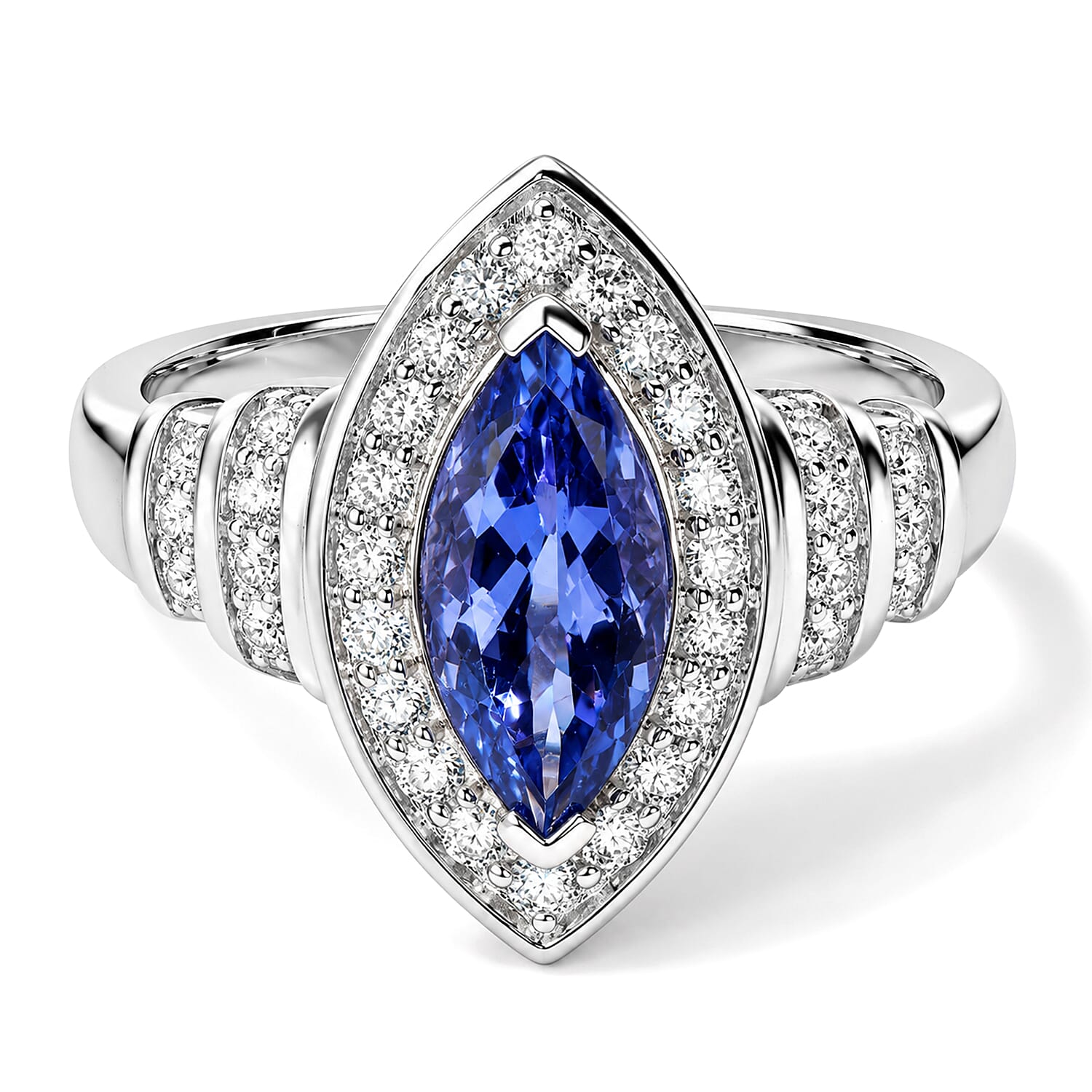 Luxoro Premium Tanzanite and Diamond (I2) 2.30 ctw Regal Deco Ring in 10K White Gold (Size 6.0) 4.30 Grams