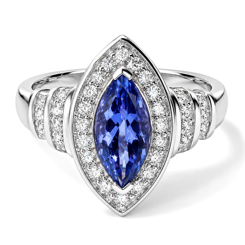 Luxoro Premium Tanzanite and Diamond (I2) 2.30 ctw Regal Deco Ring in 10K White Gold (Size 6.0) 4.30 Grams