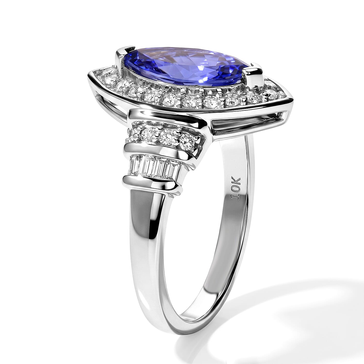 Luxoro Premium Tanzanite and Diamond (I2) 2.30 ctw Regal Deco Ring in 10K White Gold (Size 6.0) 4.30 Grams