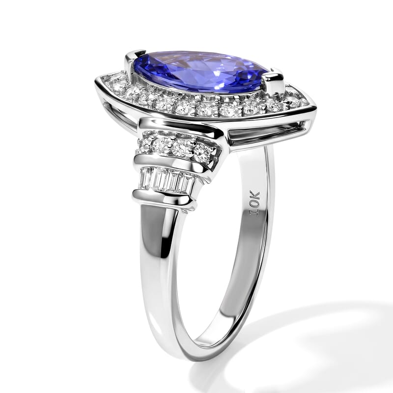 Luxoro Premium Tanzanite and Diamond (I2) 2.30 ctw Regal Deco Ring in 10K White Gold (Size 6.0) 4.30 Grams