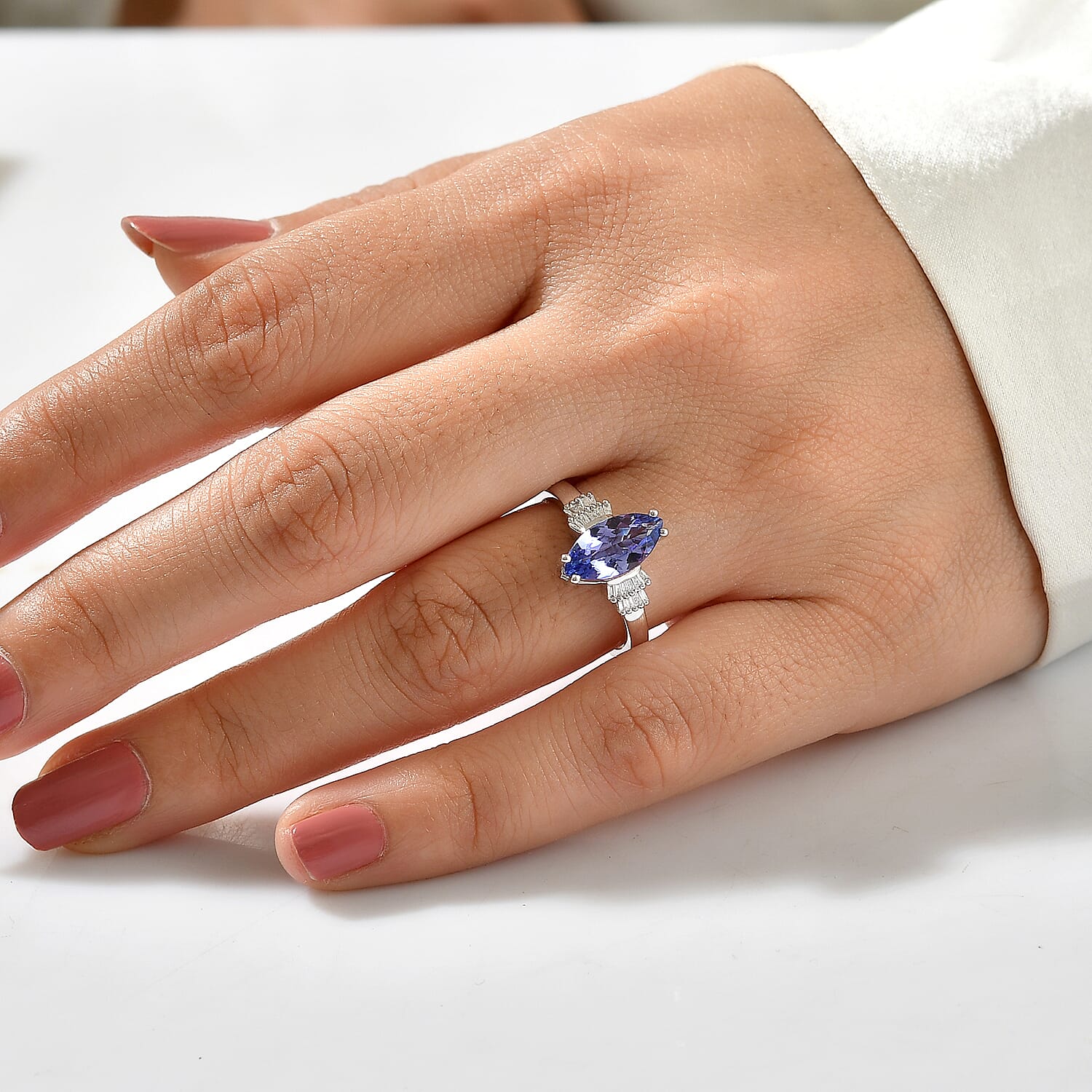 Luxoro Premium Tanzanite and Diamond I2 1.20 ctw Deco Geometry Ring in 10K White Gold (Size 7.0)