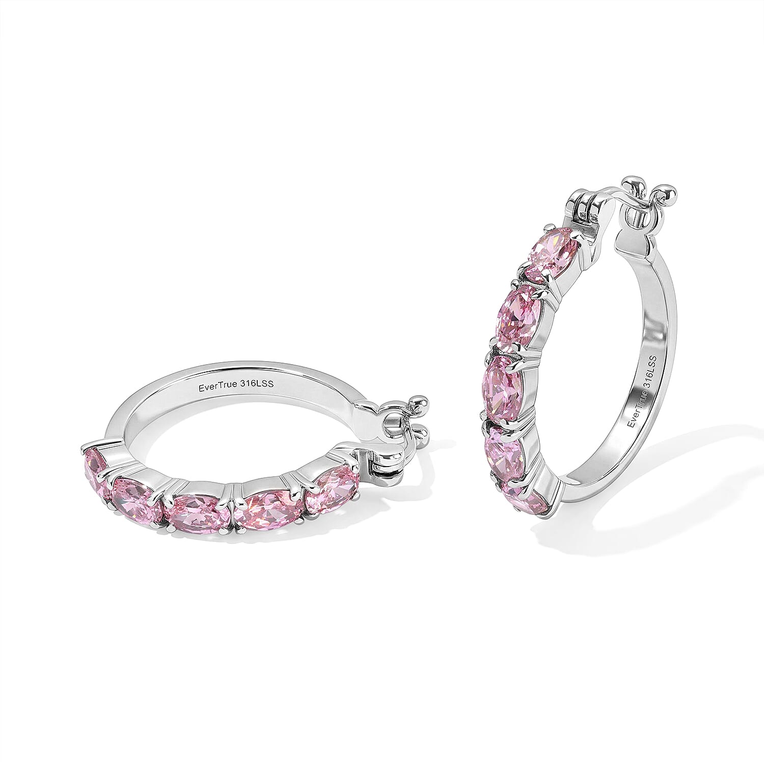 EverTrue Simulated Pink Diamond Hoop Earrings in Stainless Steel (Ships in 10-12 Days) 7.25 ctw