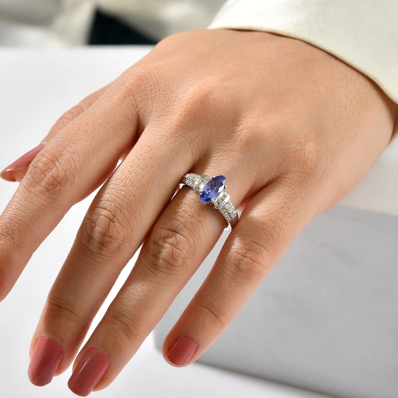 D'Joy Premium Tanzanite and Moissanite 1.15 ctw Ring in Rhodium Over Sterling Silver (Size 6.0)