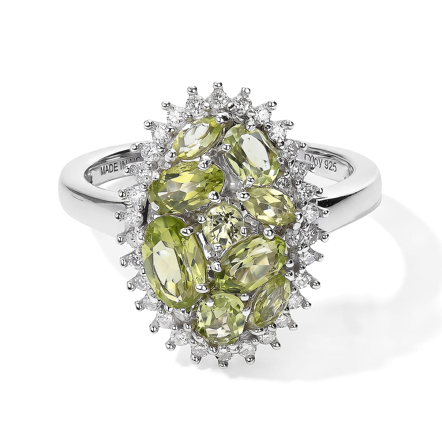 D''Joy Hebei Peridot, Moissanite Cluster Ring in Rhodium Over Sterling Silver (Size 10.0) 2.00 ctw