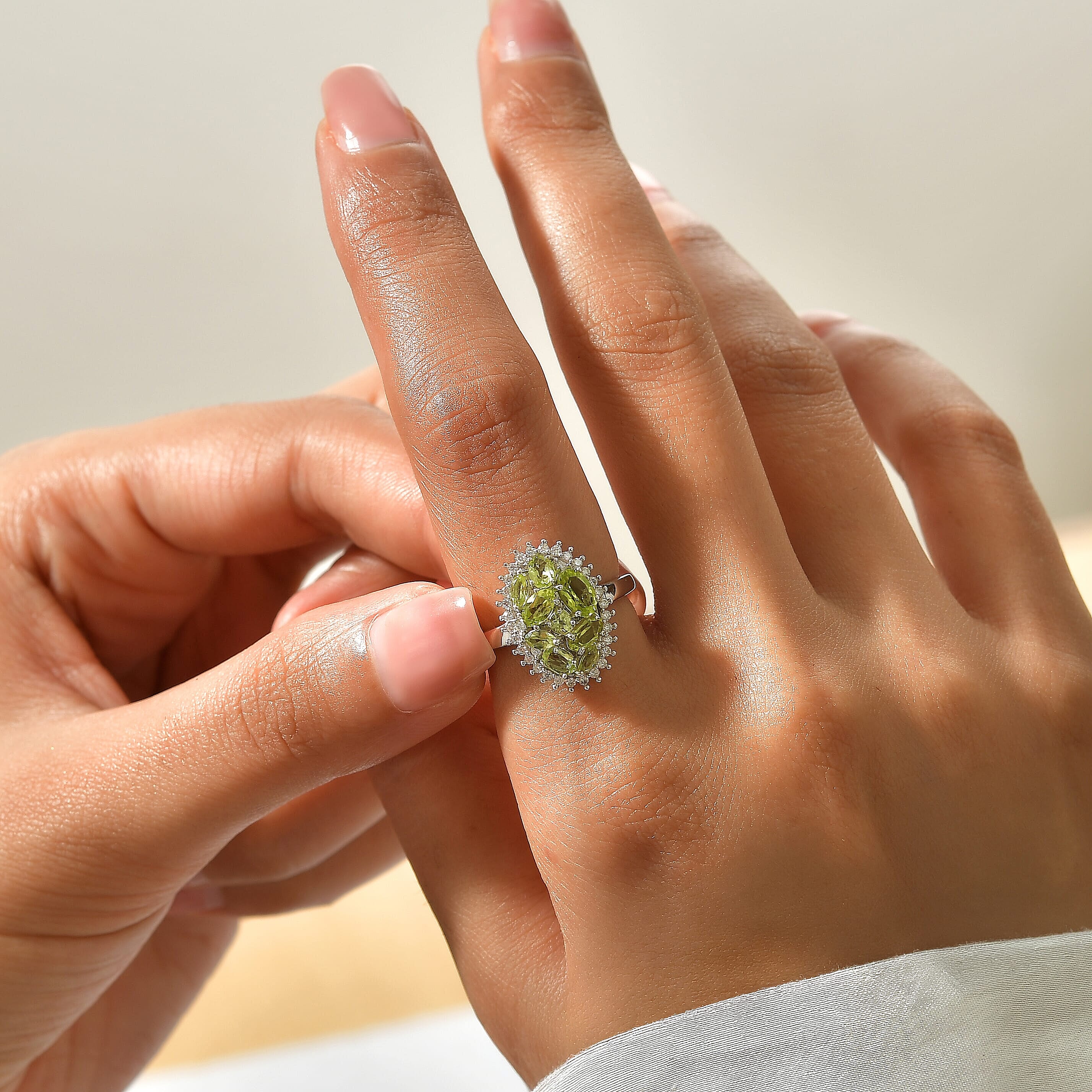 D'Joy Hebei Peridot, Moissanite Cluster Ring in Rhodium Over Sterling Silver (Size 5.0) 2.00 ctw