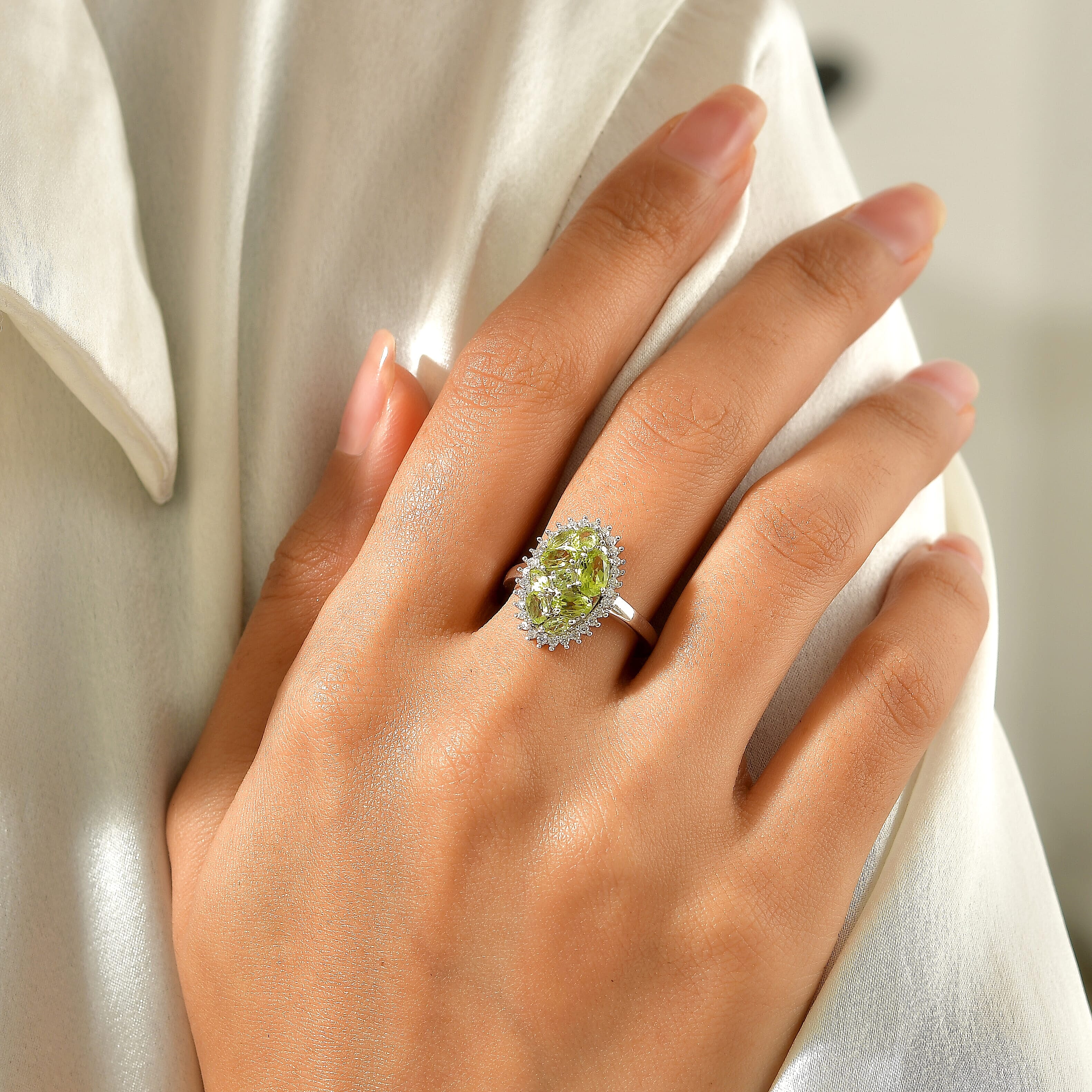 D'Joy Hebei Peridot, Moissanite Cluster Ring in Rhodium Over Sterling Silver (Size 5.0) 2.00 ctw