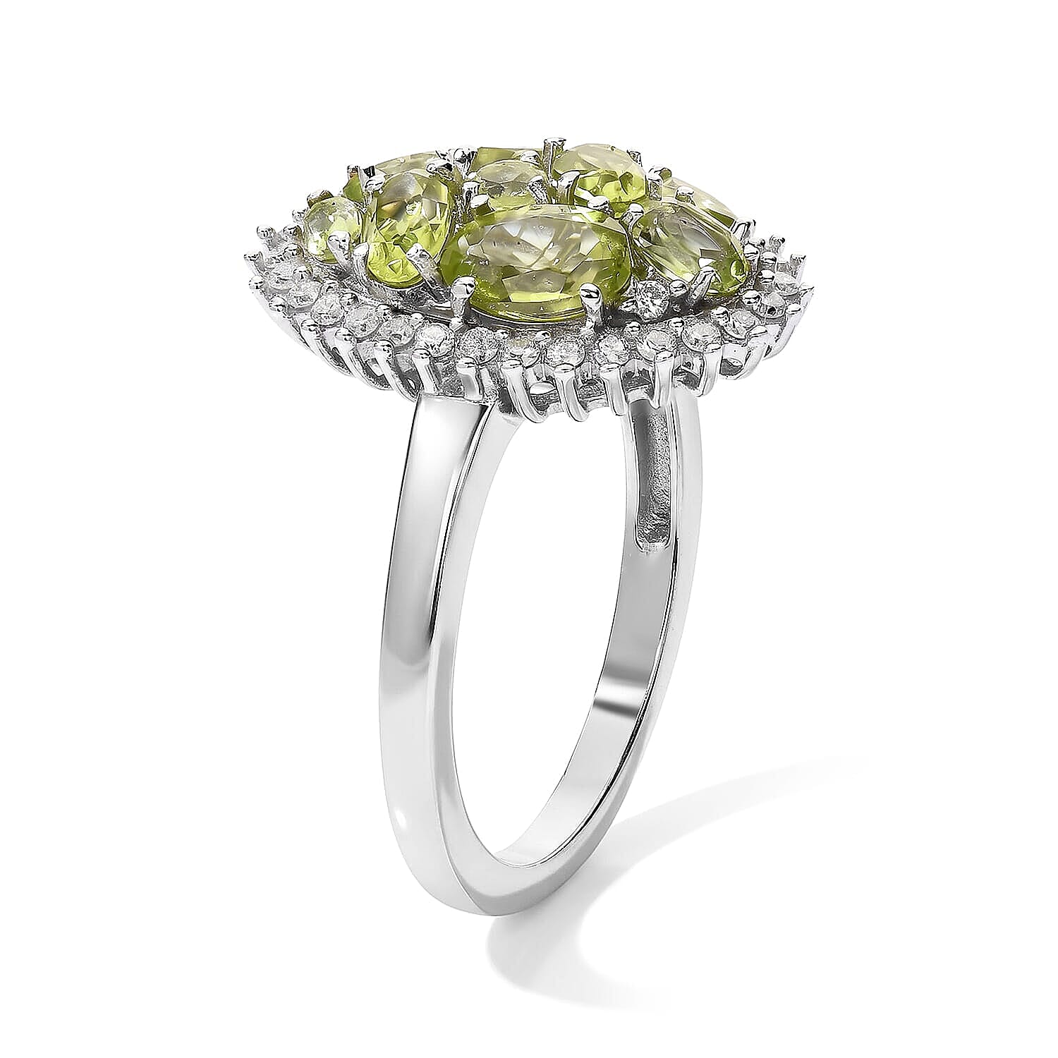 D'Joy Hebei Peridot, Moissanite Cluster Ring in Rhodium Over Sterling Silver (Size 5.0) 2.00 ctw