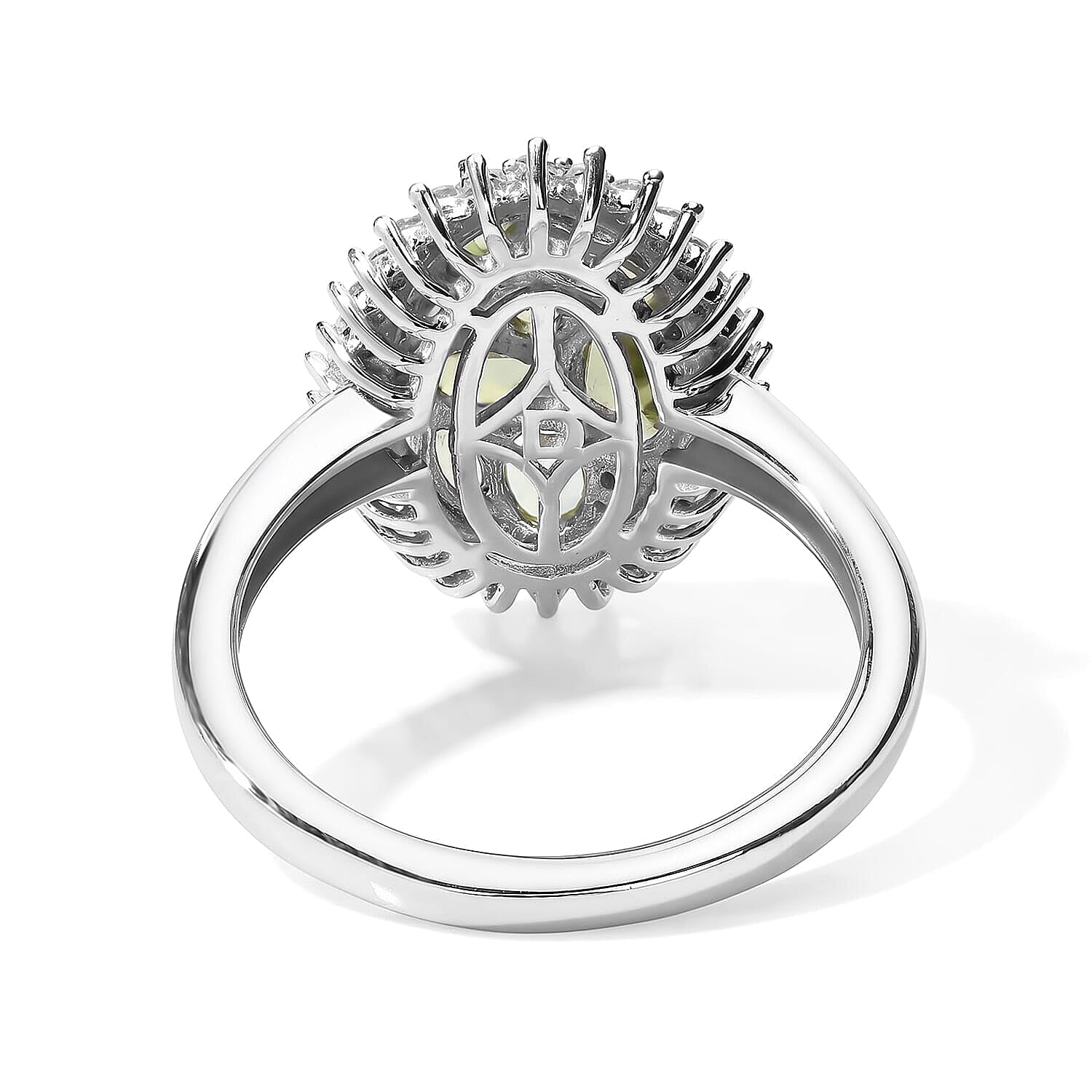 D'Joy Hebei Peridot, Moissanite Cluster Ring in Rhodium Over Sterling Silver (Size 5.0) 2.00 ctw